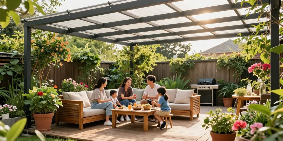 Familie unter einer freistehenden Terrassenüberdachung im Garten, entspannt und grillend.