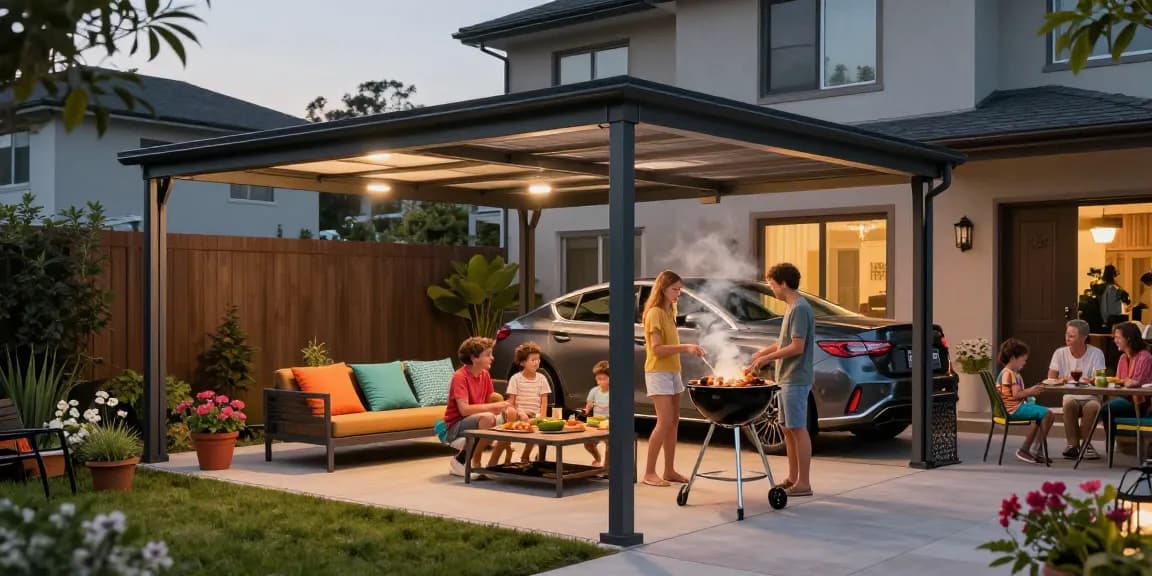 Moderne Carport mit Familie im Garten bei Grillfest.