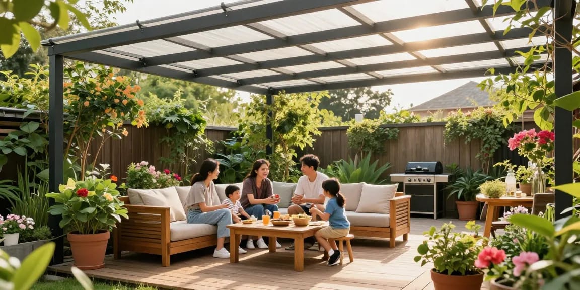 Familie unter einer freistehenden Terrassenüberdachung im Garten, entspannt und grillend.