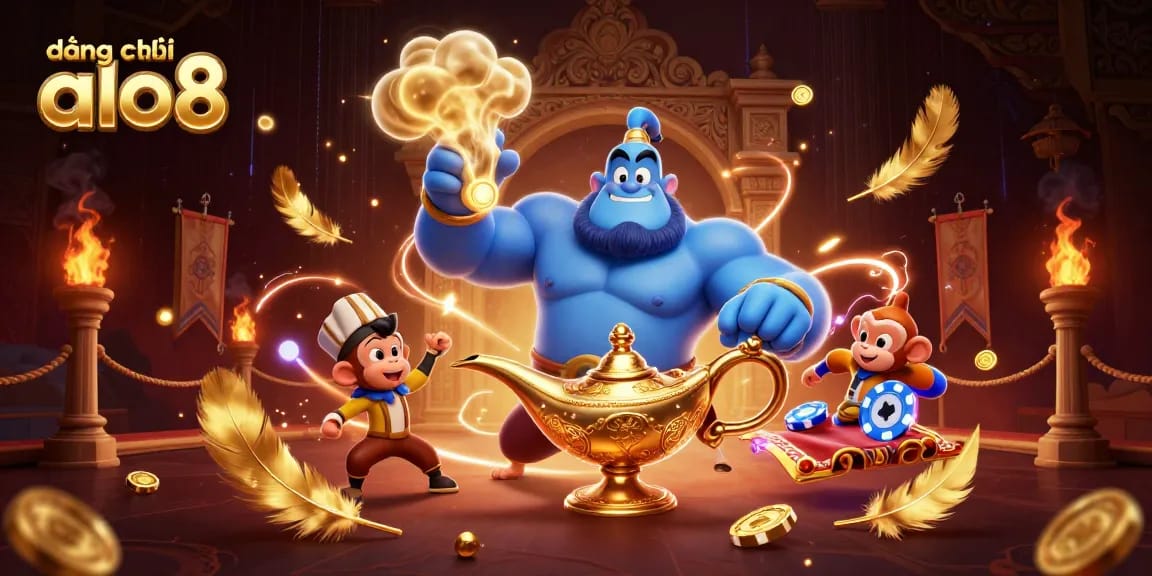Engaging scene of đăng ký alo8 featuring a muscular genie, monkey, and magic carpet with poker chips amidst a vibrant casino atmosphere.