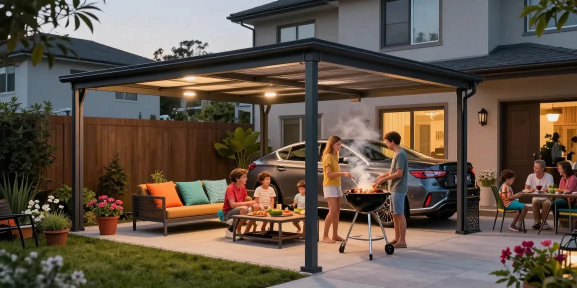 Moderne Carport mit Familie im Garten bei Grillfest.
