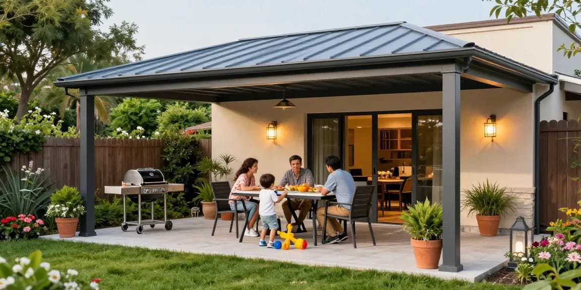 Stylische Terrassenüberdachungen schützen die Familie bei einem entspannten Nachmittag im Garten.