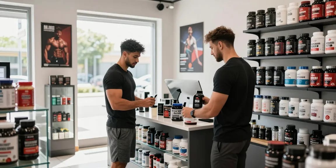 Ein sportlicher Kunde durchstöbert die hochwertigen Produkte im Akra Labs Steroid Shop und lässt sich beraten.