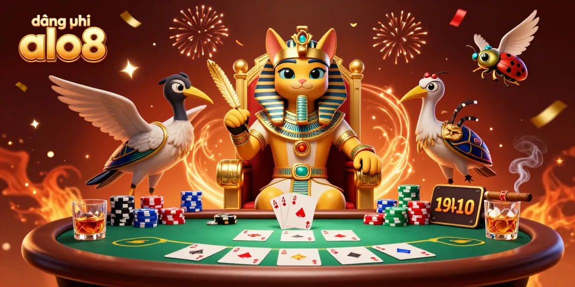Engage in thrilling gameplay with đăng ký alo8 at this vibrant casino scene featuring an Egyptian pharaoh cat.