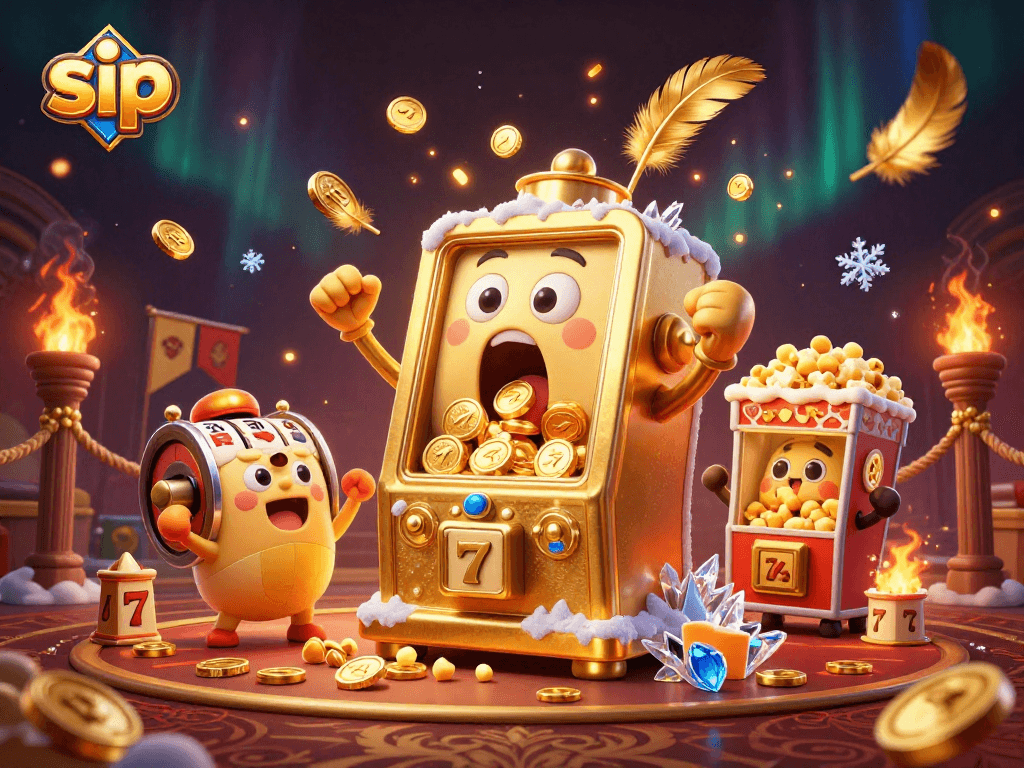 Sip and spin with a golden slot machine in a colorful casino scene, celebrating a jackpot victory.