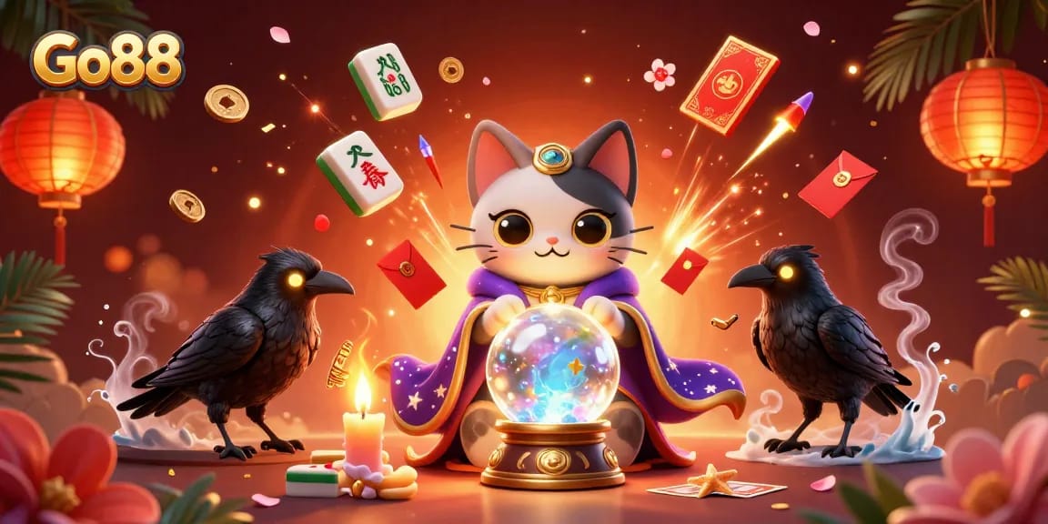 Experience thrilling games at Go88, featuring a mystic cat and fortune elements for online gambling.