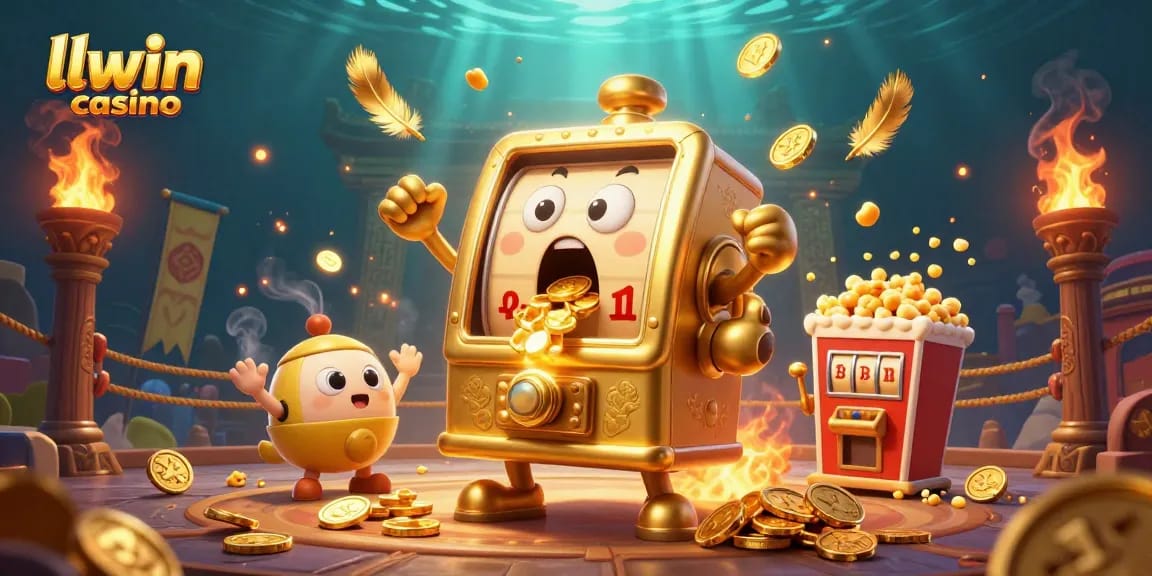 Experience excitement at llwin casino as a golden slot machine hits a jackpot, surrounded by cheering characters.