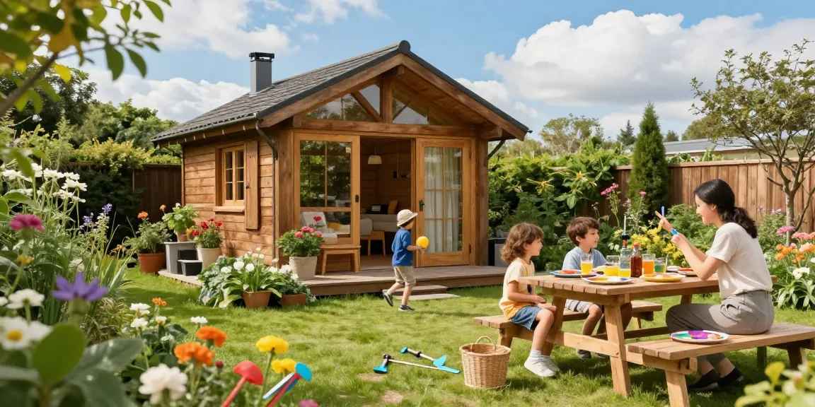 Ein gemütliches Garten Haus im Grünen, umgeben von blühenden Pflanzen und einer entspannten Familie.