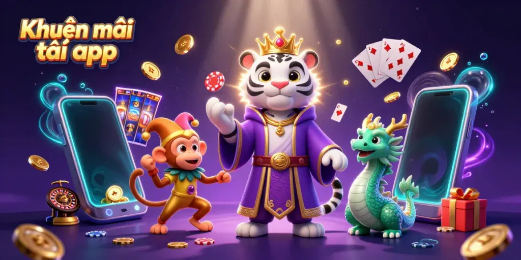 Experience Khuyến mãi tải app with the vibrant scene showcasing a white tiger and golden monkey amidst casino elements.