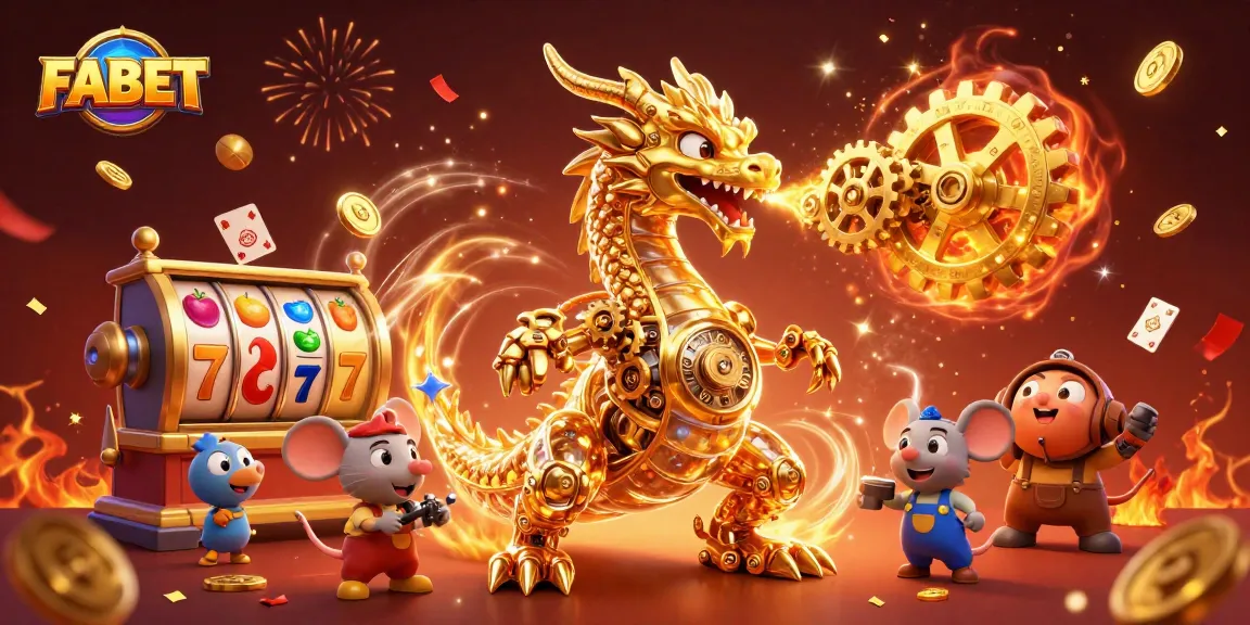 Experience thrilling gaming with FABET's iconic golden dragon and slot reels bursting with vibrant action.