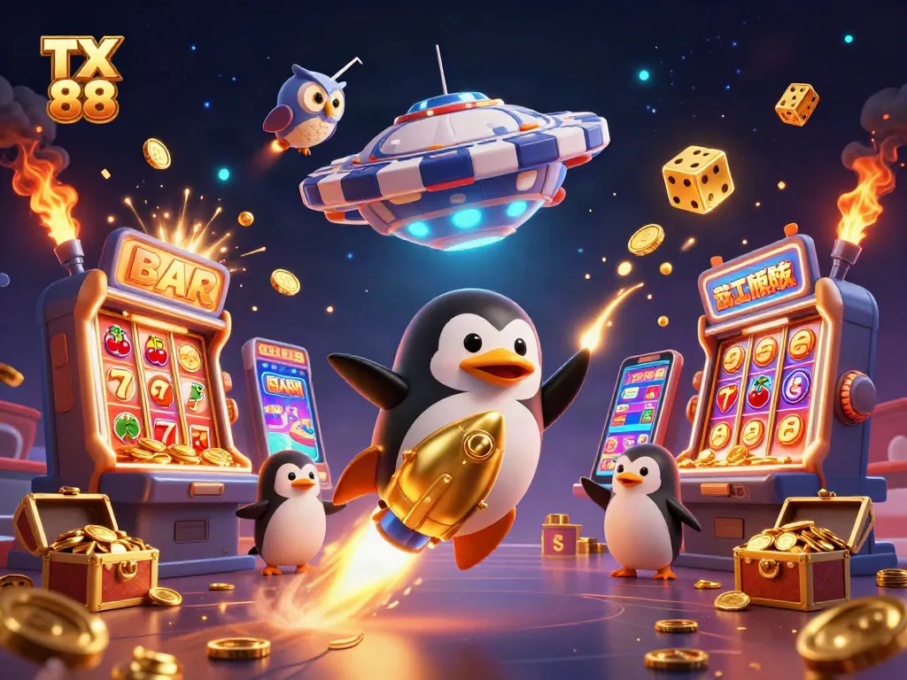 Experience the thrill of TX 88 with a golden penguin and jackpot slots amid vibrant, dynamic casino elements.