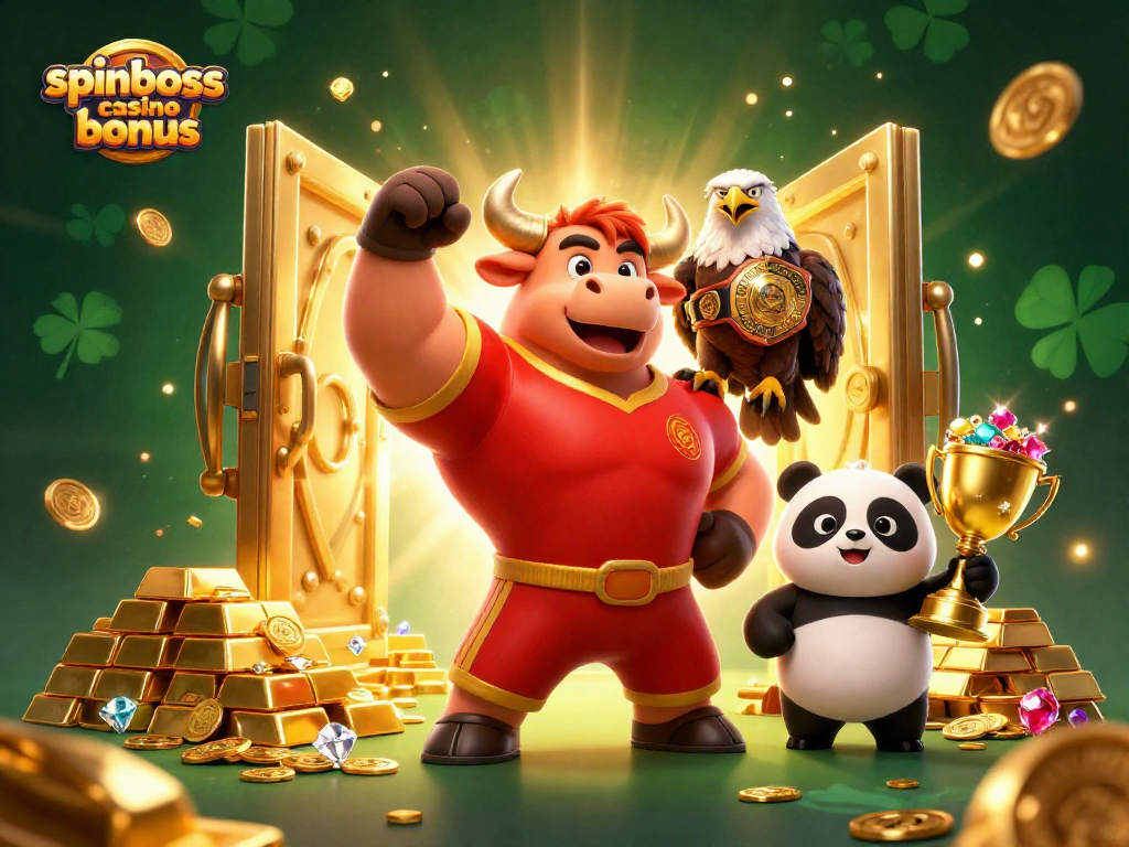 SpinBoss Casino Bonus feiern, während ein Stier mit einem Adler und einem Panda umgeben von Schätzen posiert.