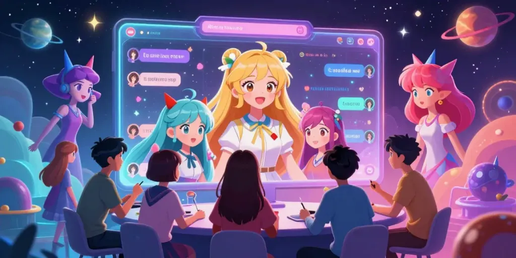 Engaging ai hentai chat with vibrant animated characters and cosmic background.