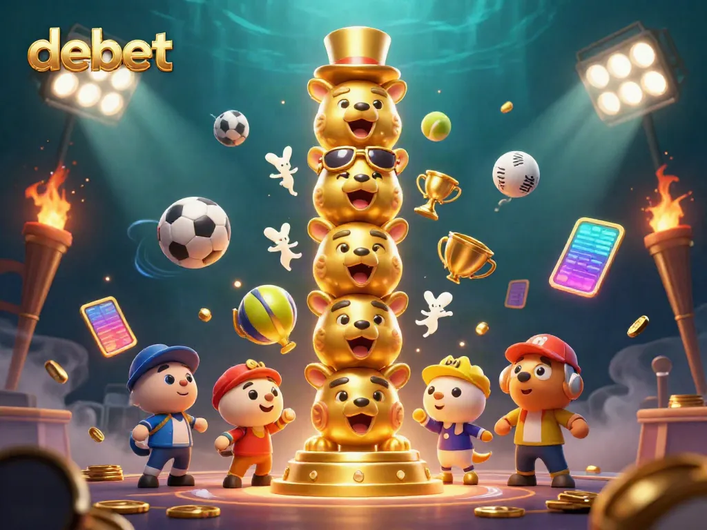 Engage with debet's vibrant gambling scene featuring a golden totem and dynamic sports elements.