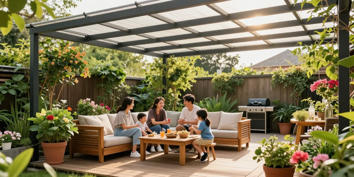 Familie unter einer freistehenden Terrassenüberdachung im Garten, entspannt und grillend.
