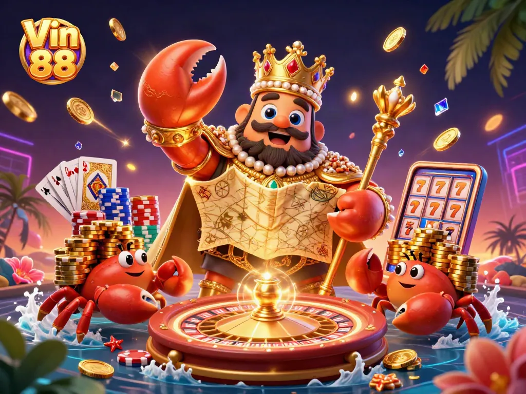 Experience Vin 88 with a vibrant casino scene featuring a golden crab emperor amidst roulette and treasures.