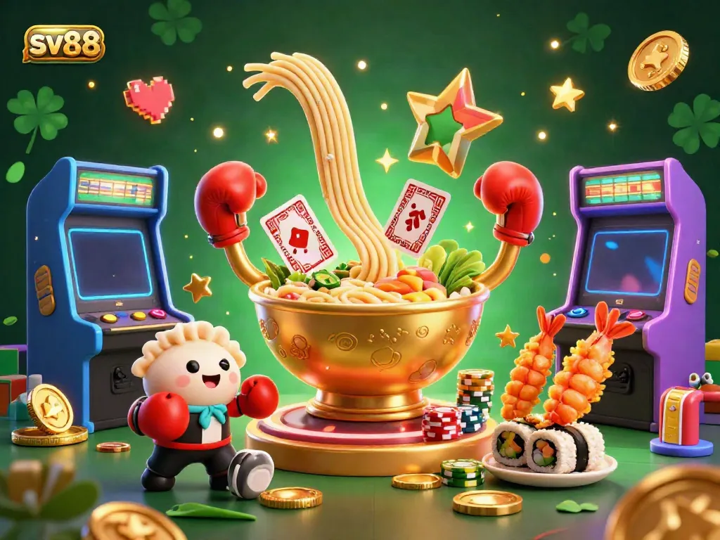 Engage with sv88's exciting gaming world featuring a giant ramen bowl dealer surrounded by vibrant casino elements.