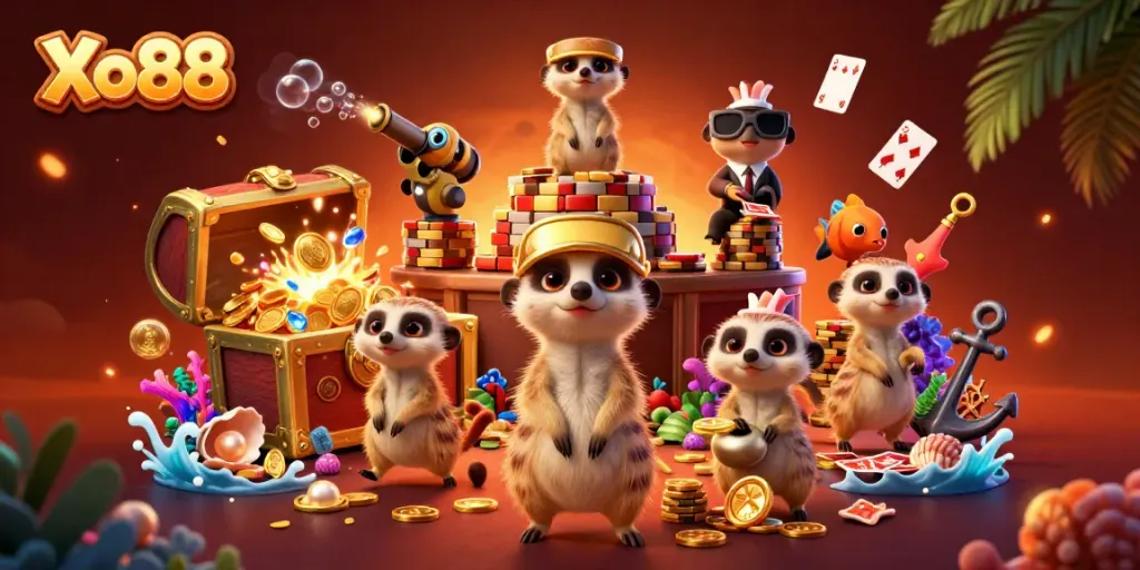 Engaging scene of Xo88's meerkat casino operation with vibrant colors and dynamic elements.