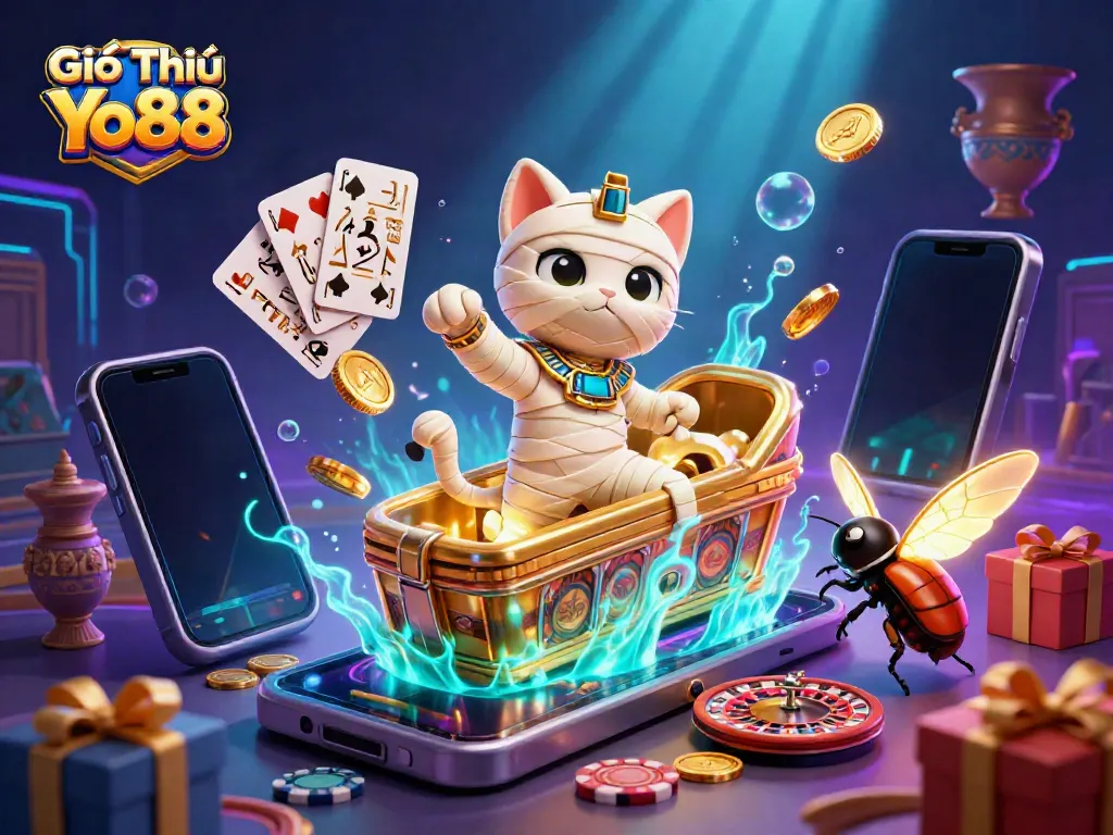 Experience the excitement of Giới Thiệu Yo88 with an Egyptian mummy cat in a vibrant casino setting.