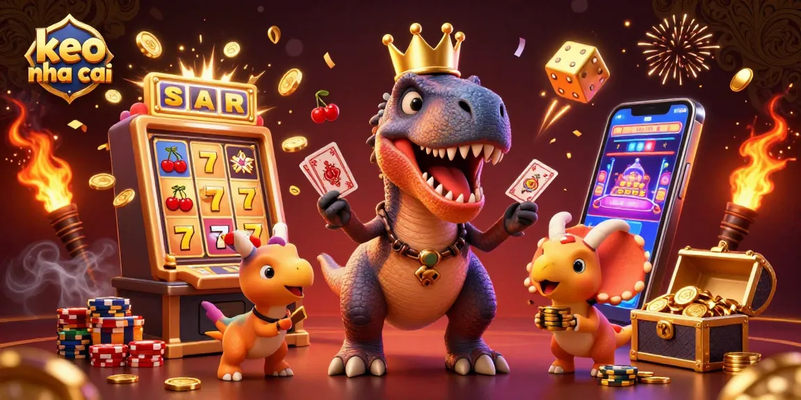Engage with keo nha cai as a T-Rex shuffles cards, a pterodactyl assists, and a baby triceratops stacks chips amidst a casino explosion of coins and symbols.
