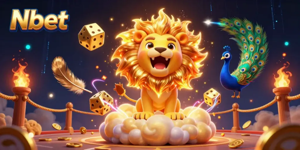 Nbet showcases a dynamic casino scene featuring a roaring sun lion amidst floating golden dice and vibrant casino elements.