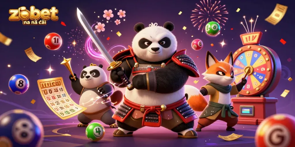 Experience the thrilling zbet vua nhà cái scene with a samurai panda and ninja foxtale amidst casino excitement.