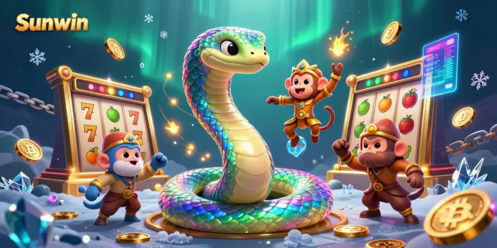 Experience thrilling gameplay at Sunwin with vibrant characters and slot games in a dynamic scene.