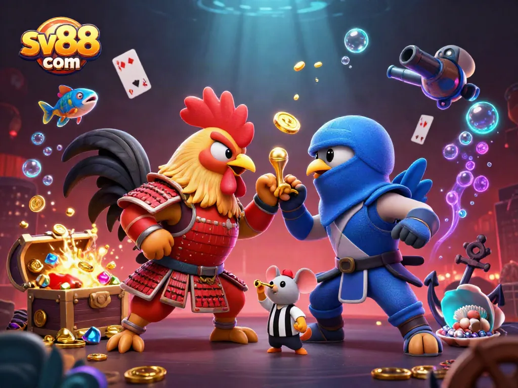Engage with thrilling action at sv88 com featuring 3D fighting roosters amidst dynamic casino elements.