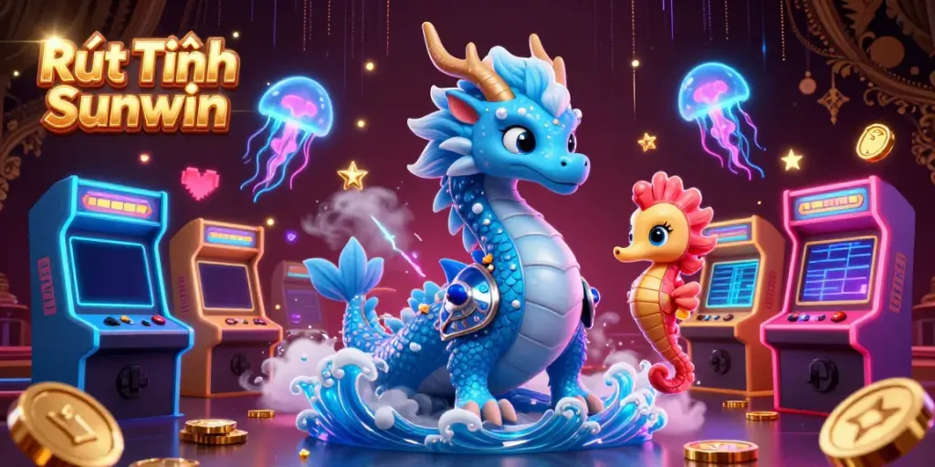 Engage with Rút Tiền Sunwin in a vibrant 3D casino scene featuring a majestic dragon and neon jellyfish.