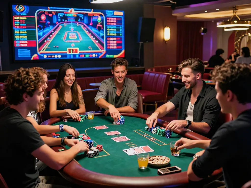 Celebrating friends at a vibrant rokok88 super poker table in a lively casino.