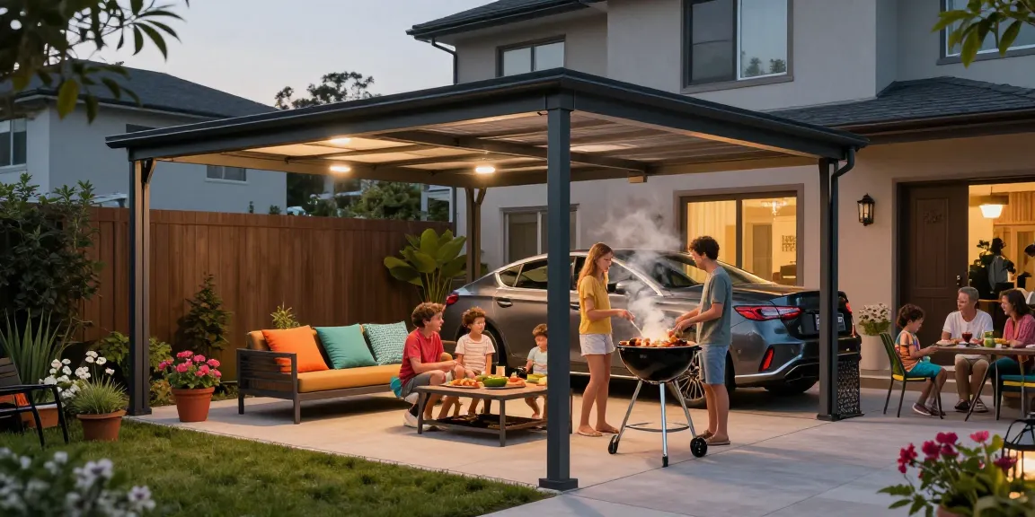 Moderne Carport mit Familie im Garten bei Grillfest.