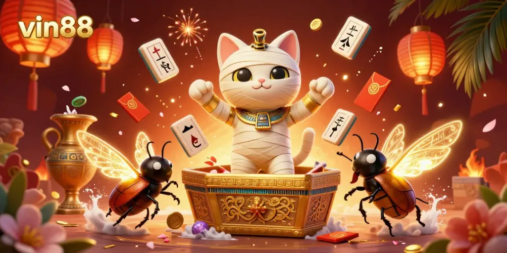 Experience thrilling gameplay at vin88 with a lively pyramid casino scene featuring a mummy cat and rich details.