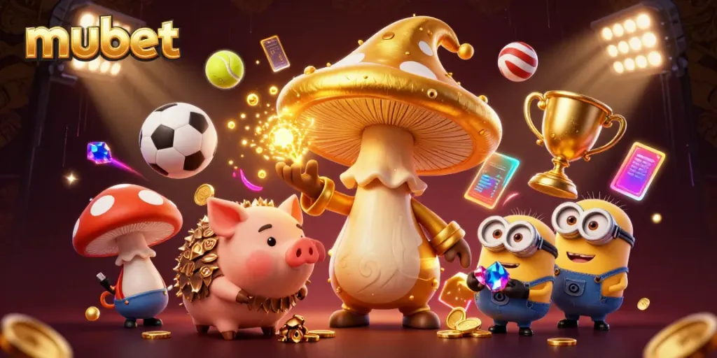 Experience thrilling gaming with Mubet's vibrant 3D casino scene featuring golden magic and dynamic sports.