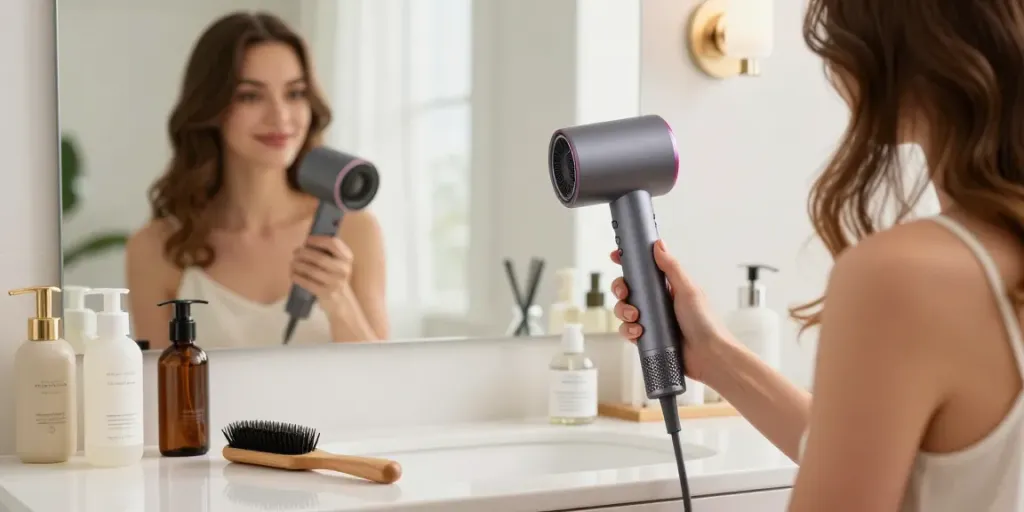 Eleganter Ionen Föhn auf einem modernen Waschtisch mit Haarpflegeprodukten, der für schönes Haar sorgt.
