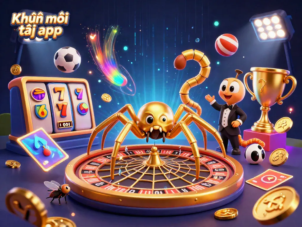 Engage in Khuyến mãi tải app with a vibrant casino-themed illustration featuring a golden spider and croupier.