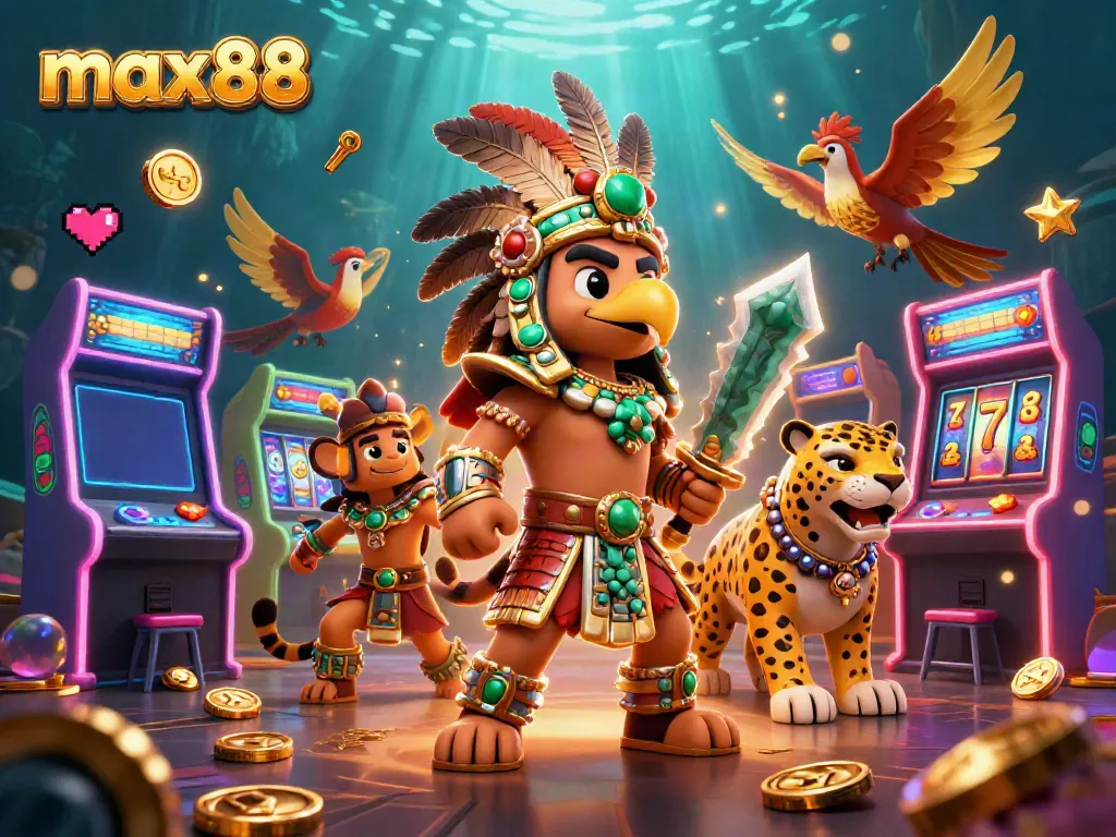 Experience the thrill of max88 with vibrant gaming elements and dynamic Aztec characters in a casino atmosphere.
