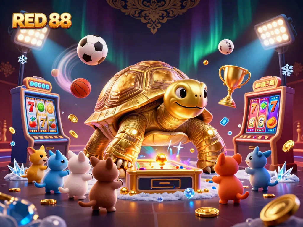 Experience dynamic gaming excitement at RED 88 with slot machines and animated characters in a vibrant casino scene.