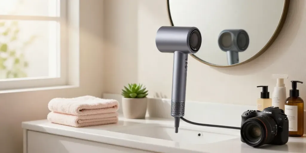 Haartrockner Laifen Air Pro auf modernem Badezimmerwaschtisch mit Pflanzen und Pflegeprodukten.