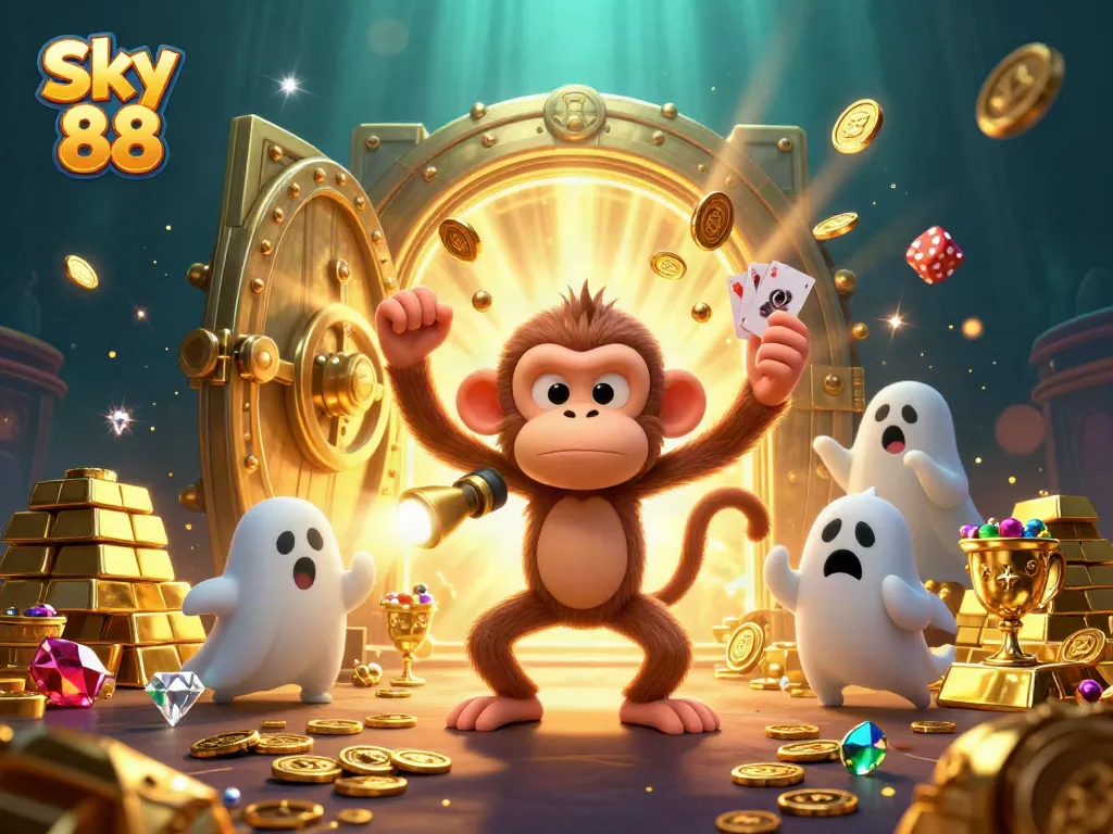 Sky 88 showcases an enthralling casino adventure with a golden monkey, exciting treasures, and a curious puppy tracking hidden rewards.