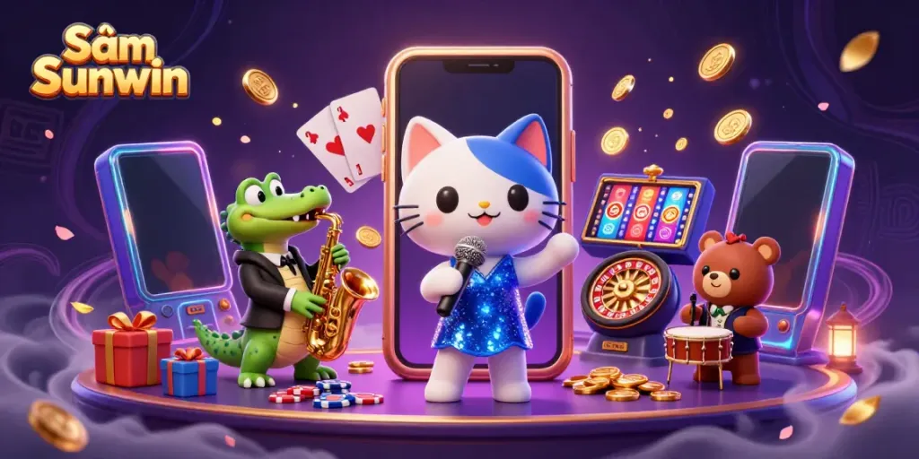 Experience the thrill of Sâm Sunwin with animated 3D characters amidst vibrant casino elements.