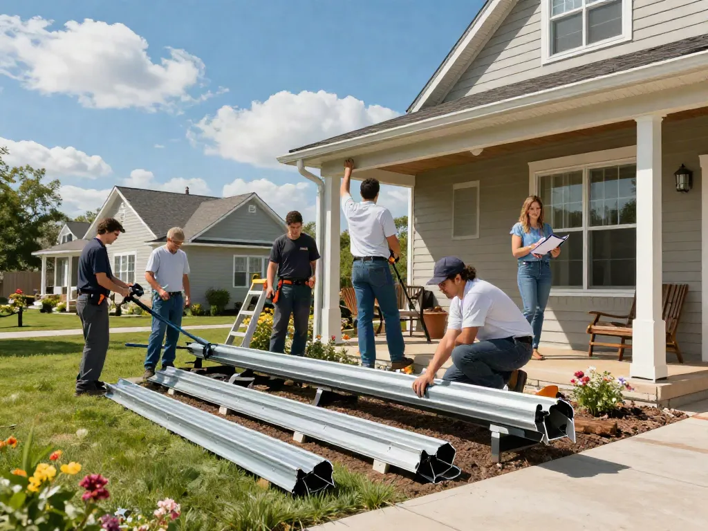 Professional Spokane gutter company team installing seamless gutters on a sunny day, showcasing teamwork and quality.