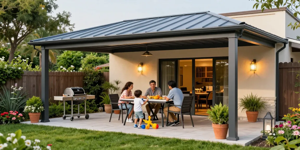 Stylische Terrassenüberdachungen schützen die Familie bei einem entspannten Nachmittag im Garten.