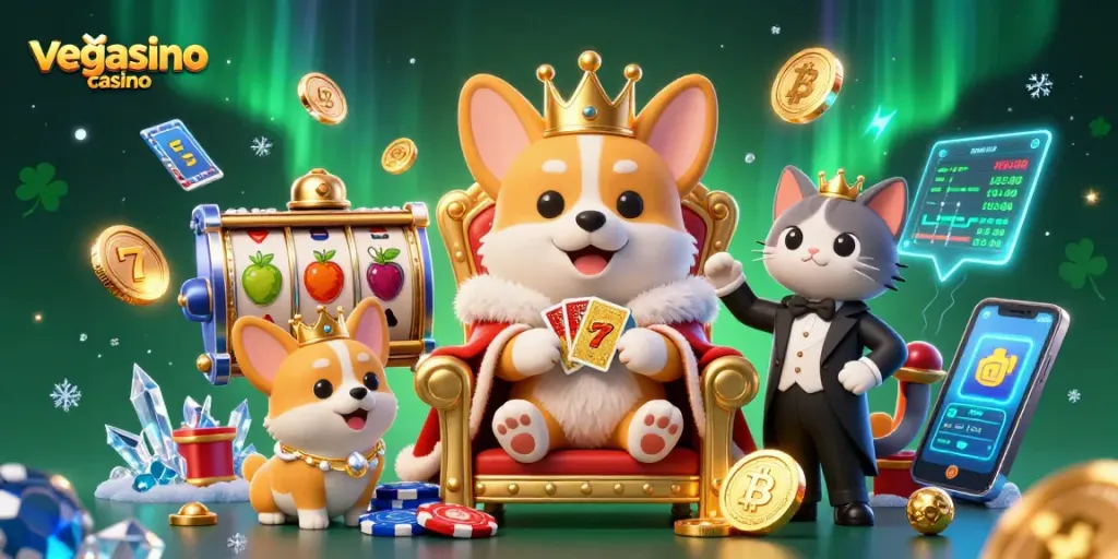 Experience excitement at vegasino casino with a corgi king and themed slot games in a vibrant scene.
