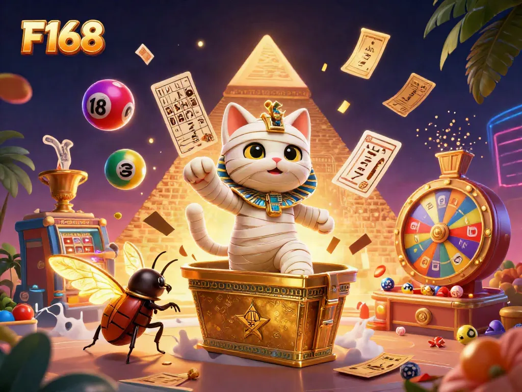 Engage with F168's thrilling casino world, featuring a vibrant mummy cat and dynamic game elements.