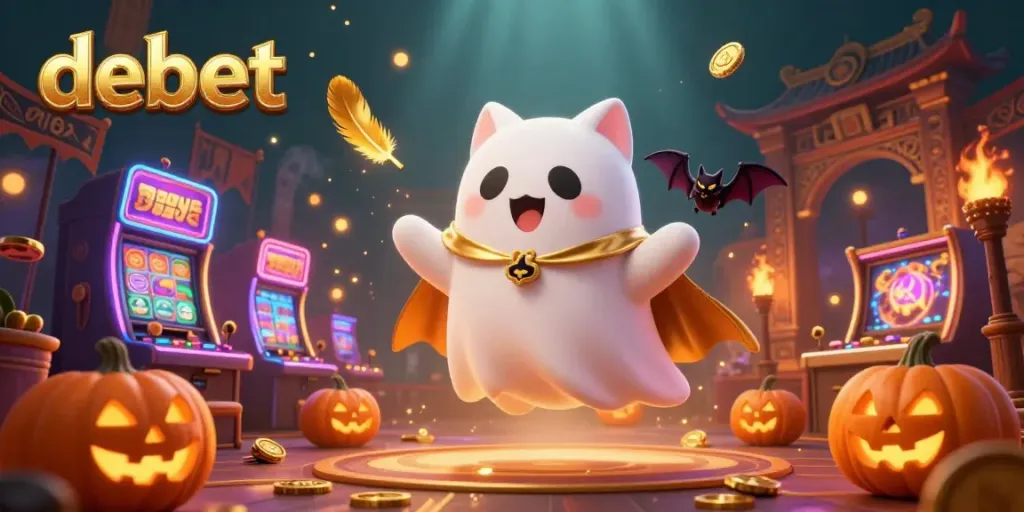 Experience thrilling gaming at debet, featuring a ghost cat and vampire bat in a vibrant casino scene.
