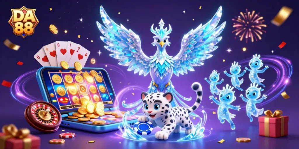 Experience the thrills at DA 88 with a vivid digital casino scene, featuring games and vibrant characters.
