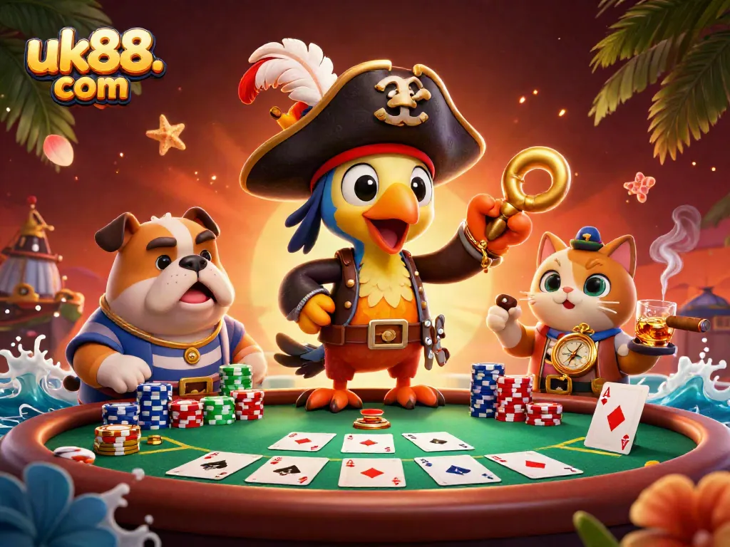 Experience thrilling games at uk88. com with our cartoon pirate-themed casino illustration.
