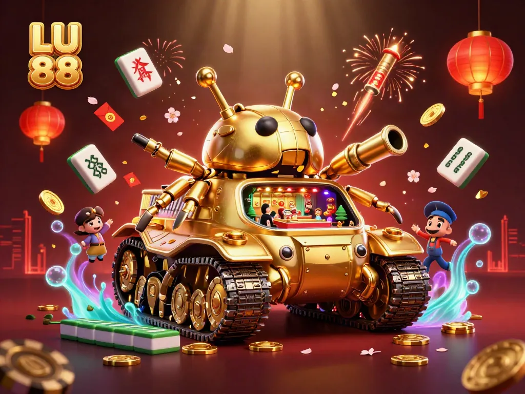 Experience excitement at LU 88 with a lavish casino illustration featuring a golden beetle tank and vibrant gaming elements.