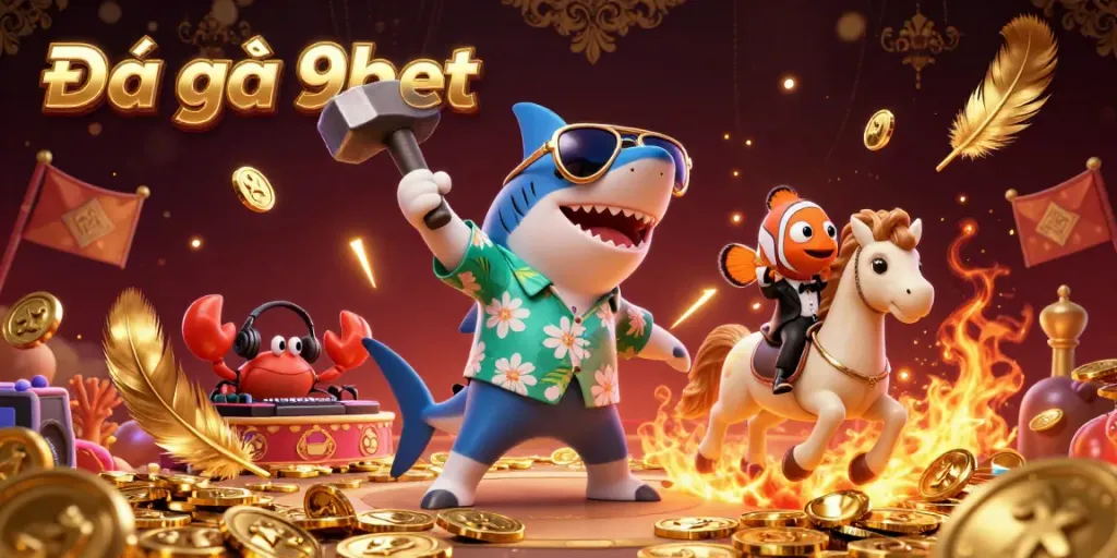 Experience thrilling Đá gà 9bet action with a cartoon shark and DJ in a dynamic gaming arena.