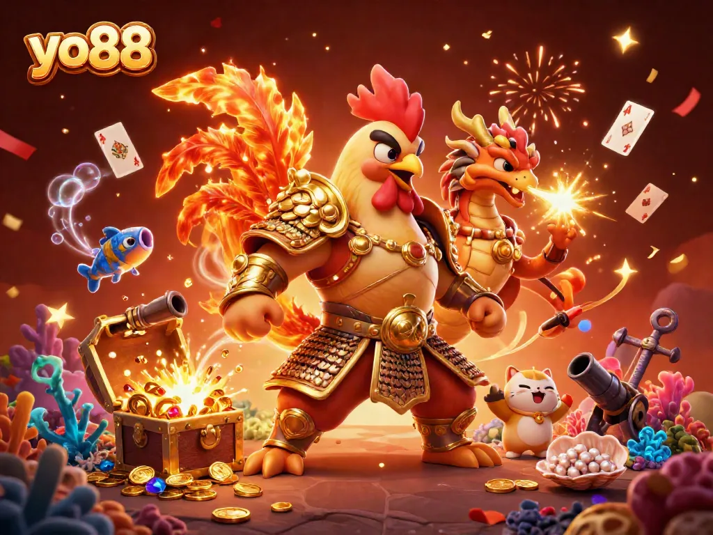 Engage in thrilling action at yo88 with a dynamic scene featuring a samurai rooster and dragon amidst spinning treasure and festive effects.